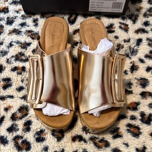 Kelsi Dagger Metallic Gold Buckle Slide Sandals